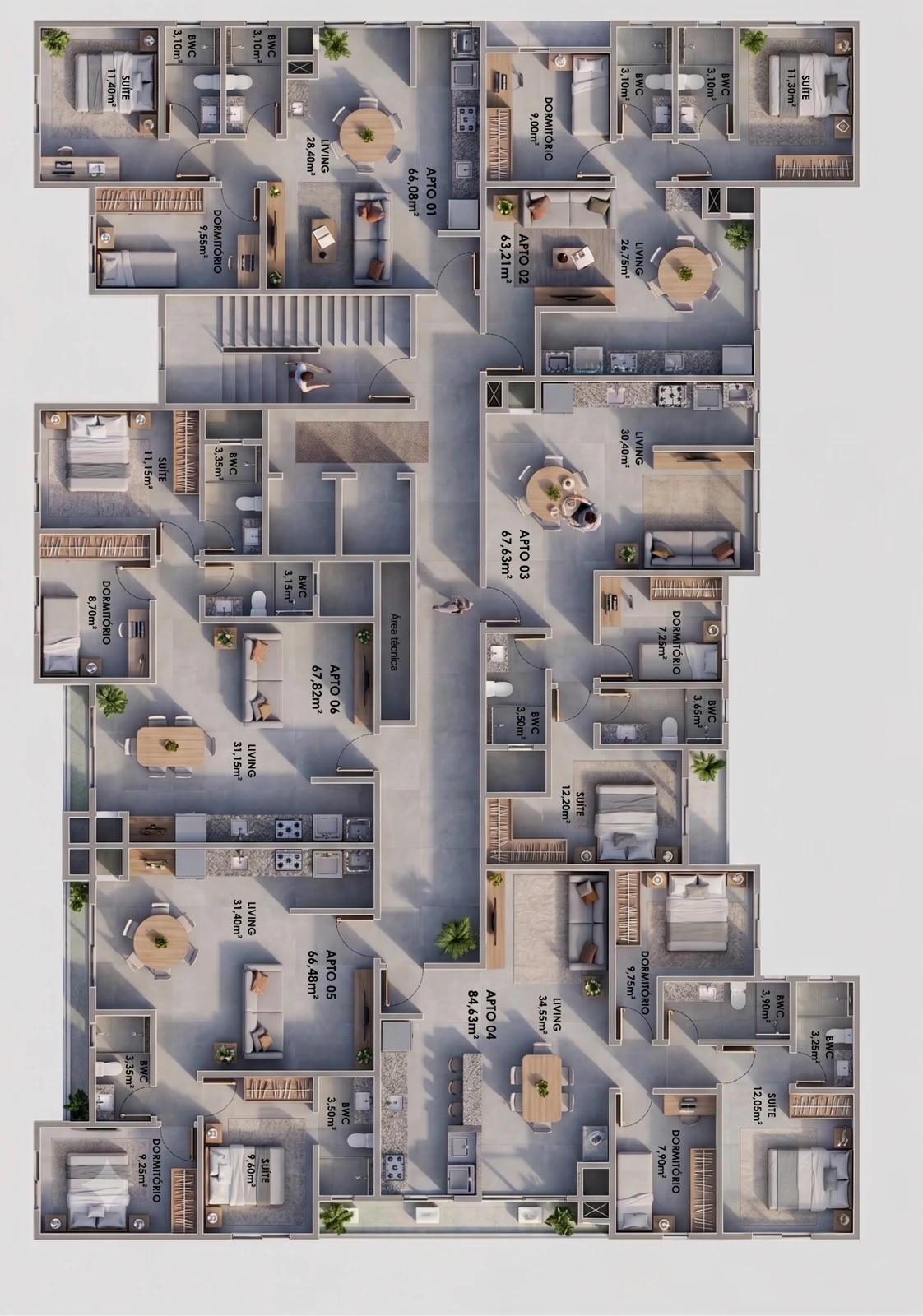 Planta humanizada do pavimento tipo com seis apartamentos.